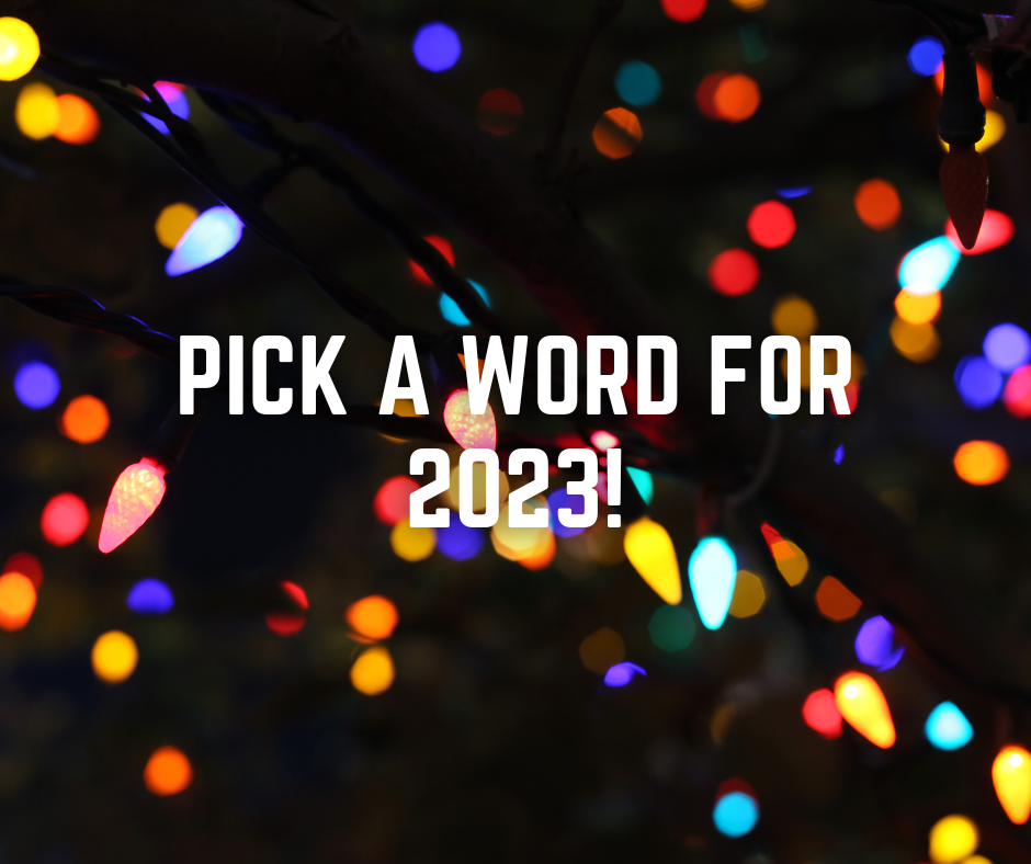 photo of bright colored dots on black background with pick a word for 2023